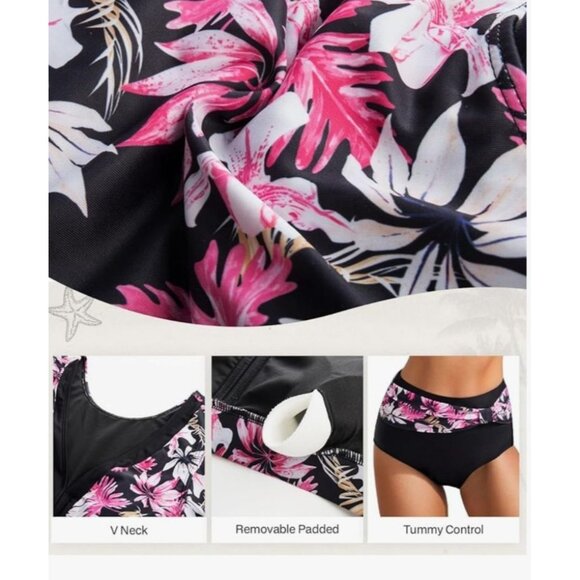 Hanna Nikole Womens Large High Waisted Bikini Set Ruffle Tummy Control Tropical - Picture 4 of 12